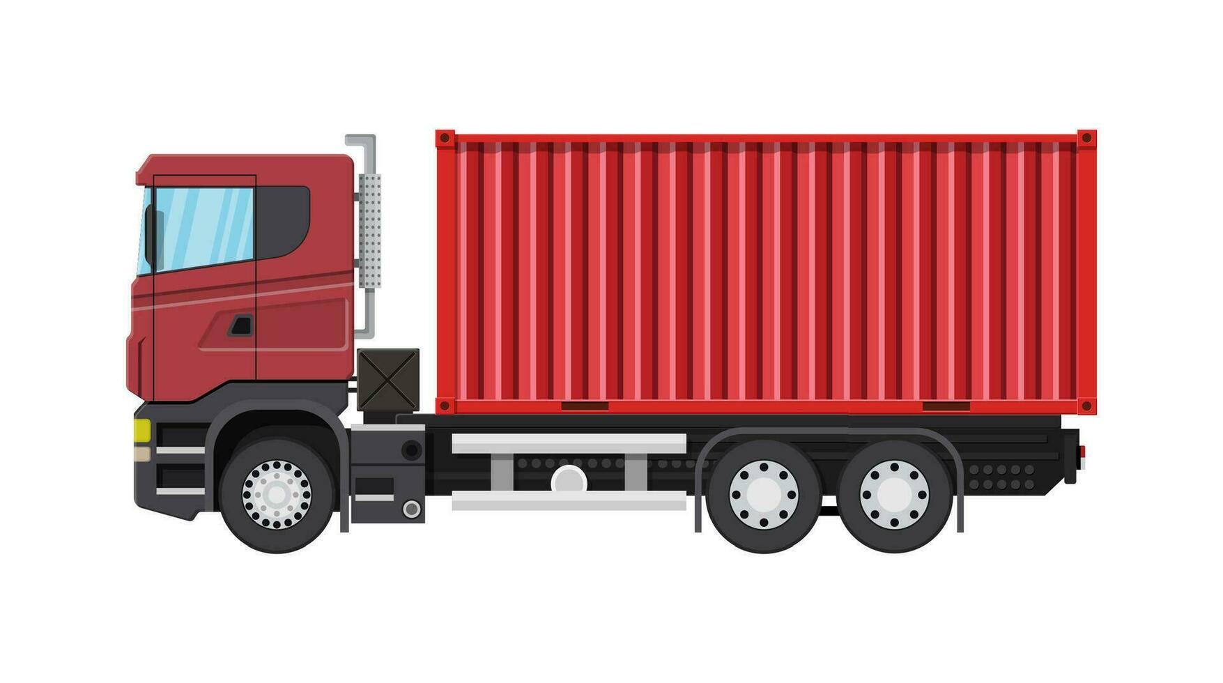 Cargo delivery truck with metal container. Shipping and delivery of goods. Car for transport. Trailer vehicle. Vector illustration in flat style