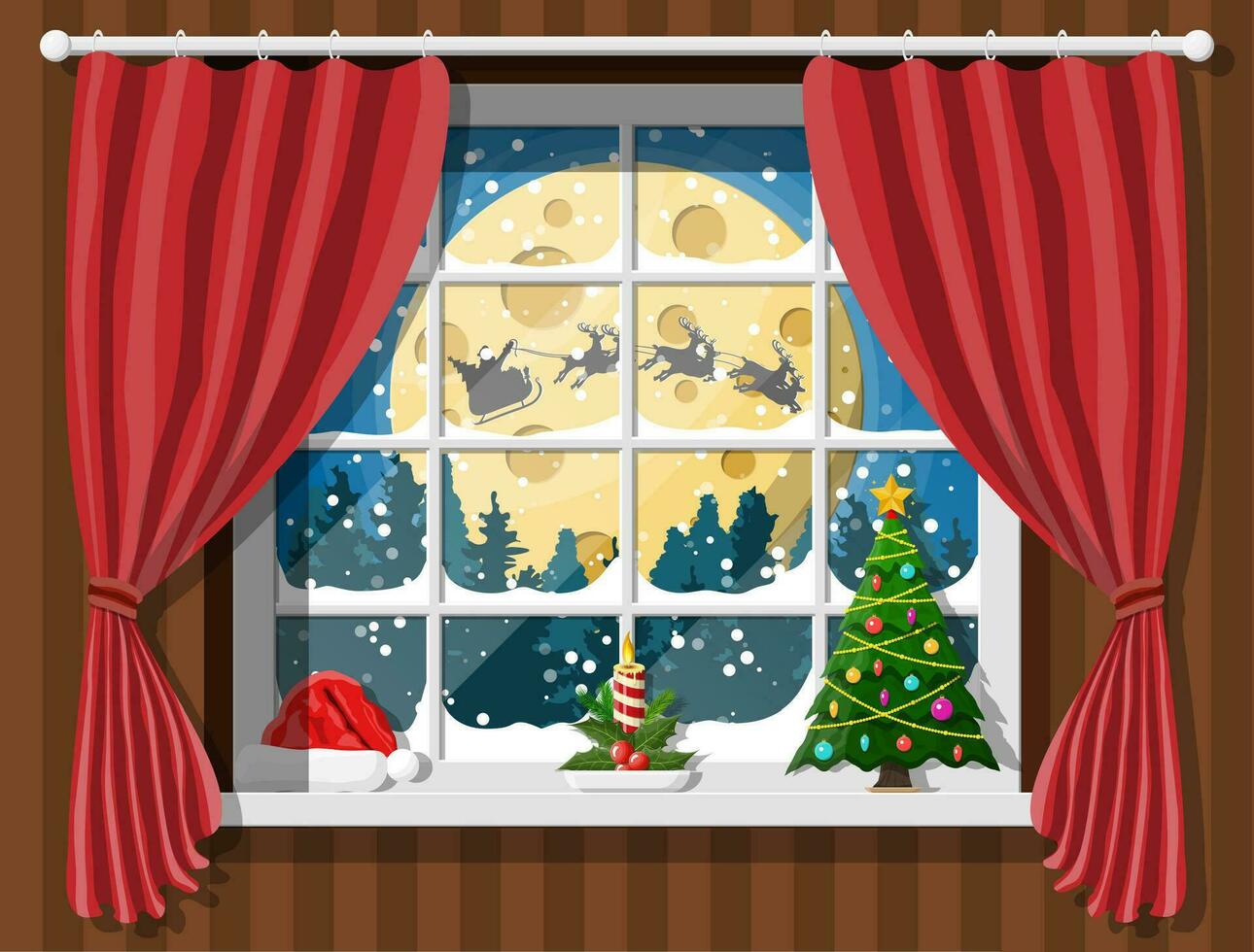 Santa claus and his reindeer in window. Interior of room with christmas tree. Happy new year decoration. Merry christmas holiday. New year and xmas celebration. Vector illustration flat style