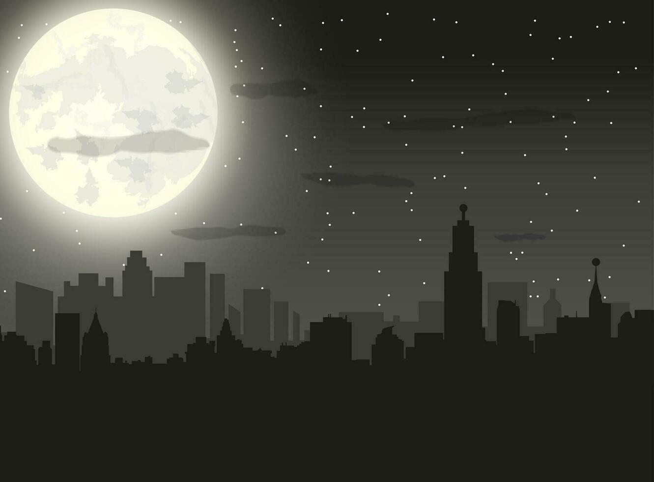 Silhouette of the city with cloudy night sky, stars and full moon. vector illustration