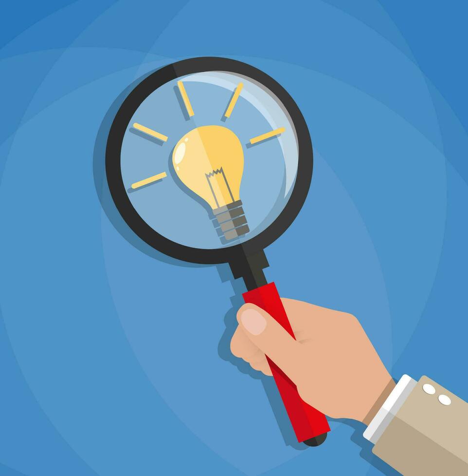 Cartoon businessman hand holds magnifying glass above light bulb. Idea concept. vector illustration in flat design on blue background