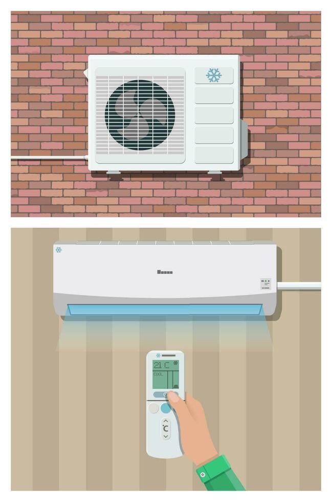 Air conditioner system. hand with remote control, internal and external units on wall. vector illustration in flat style