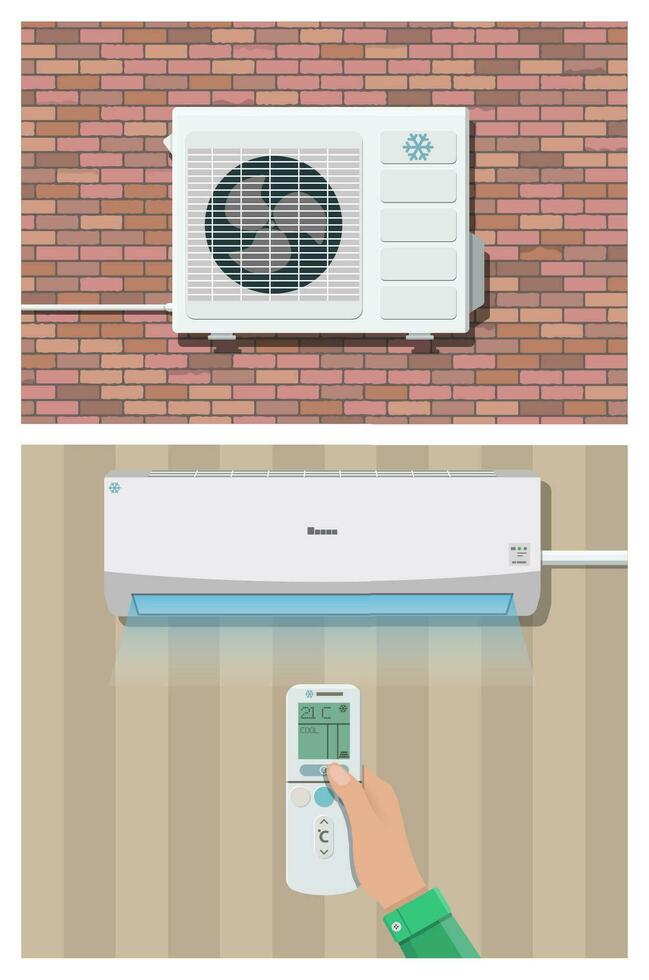 aire acondicionador sistema. mano con remoto control, interno y externo unidades en pared. vector ilustración en plano estilo