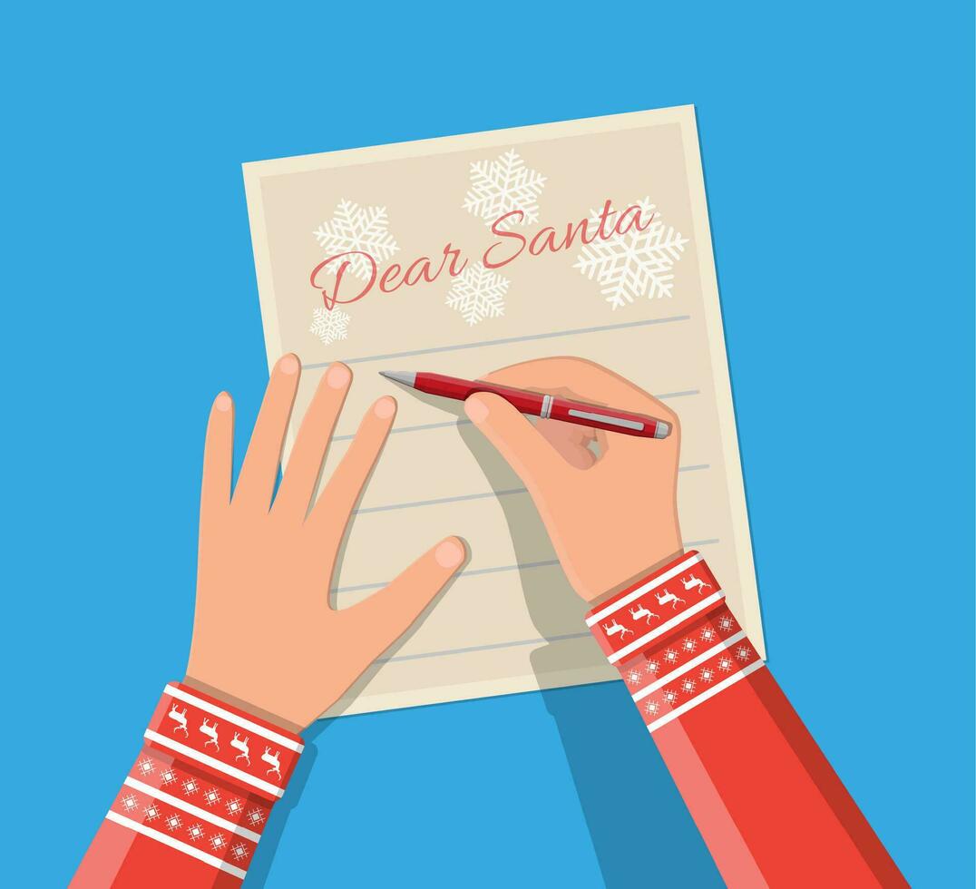 Child hand with pen writing letter to santa claus. Holidays wishlist. Christmas new year eve xmas holidays. Vector illustration flat style