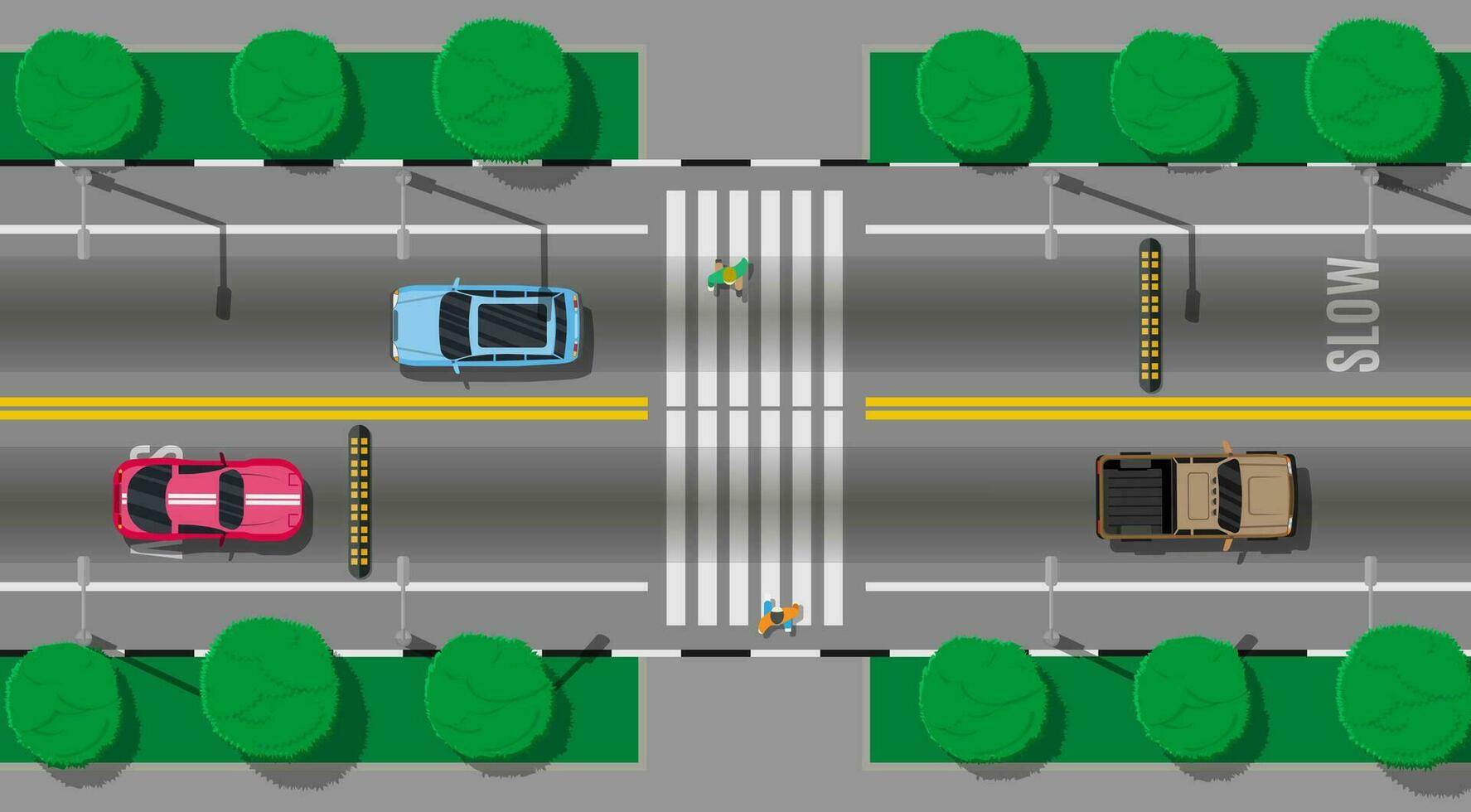Pedestrian crossing with speed bump. Vehicles on road. Cars waiting for people to cross the street. Traffic regulations. Rules of the road. Highway top view. Vector illustration in flat style