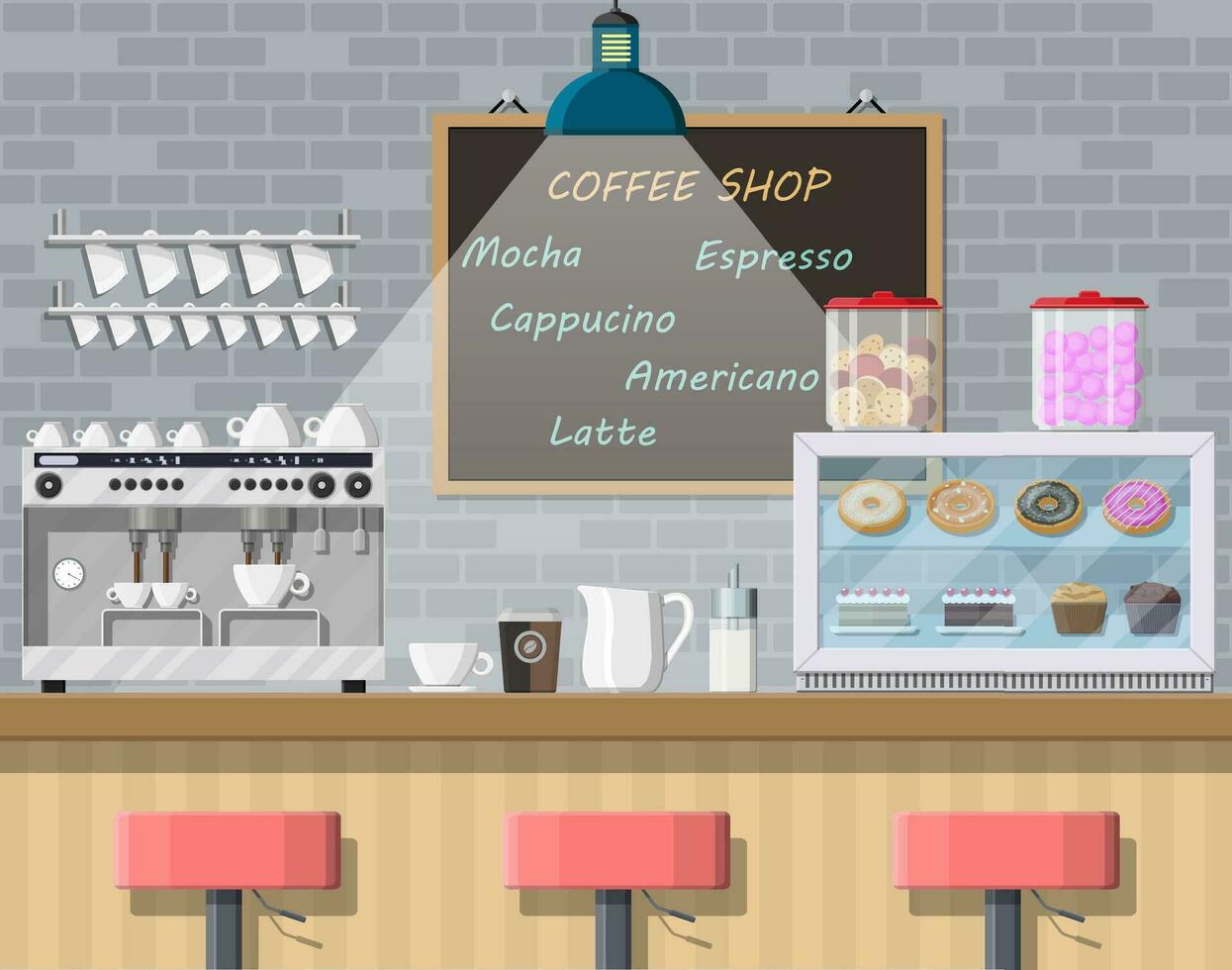 Interior of coffee shop, pub, cafe or bar. Bar counter, chairs and board with menu. Coffee cup with hot drink. Freezer with cakes and pastry Brick wall and lamp. Vector illustration in flat style.