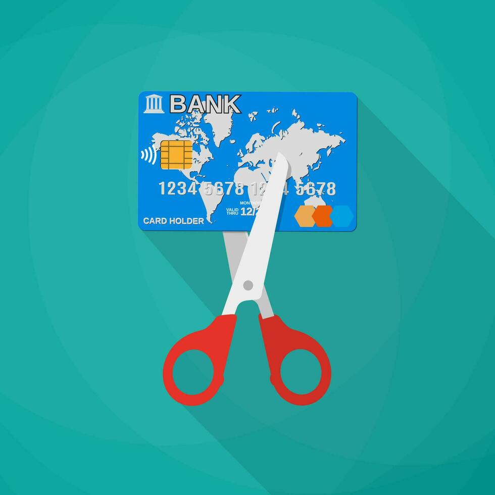 Cartoon scissors cutting a credit debit bank card. Mobile app, web design, infographic concept. vector illustration in flat design on green background