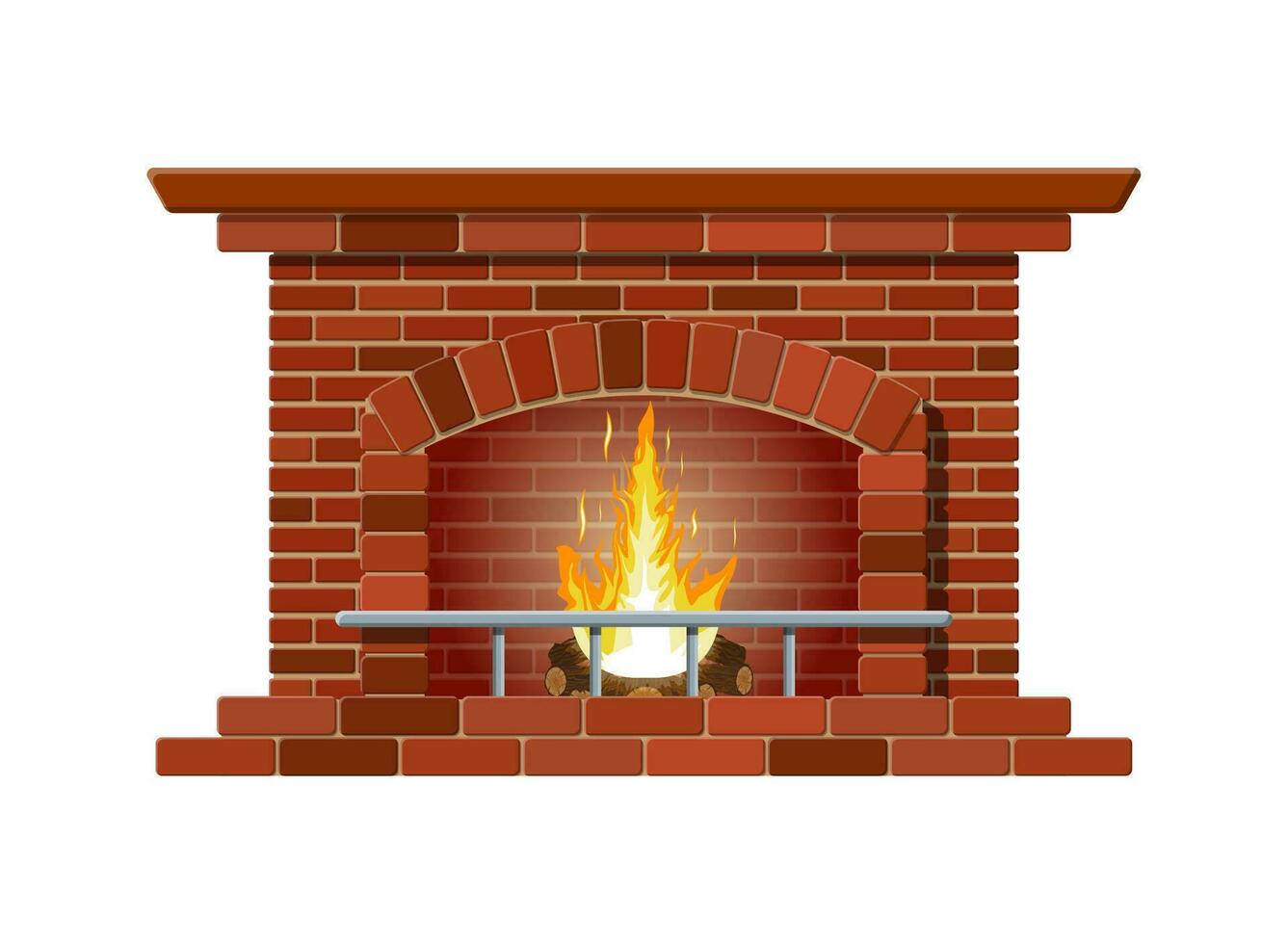 Winter interior bonfire. Classic fireplace made of red bricks, bright burning flame and smoldering logs inside. Home fireplace for comfort and relaxation. Vector illustration in flat style