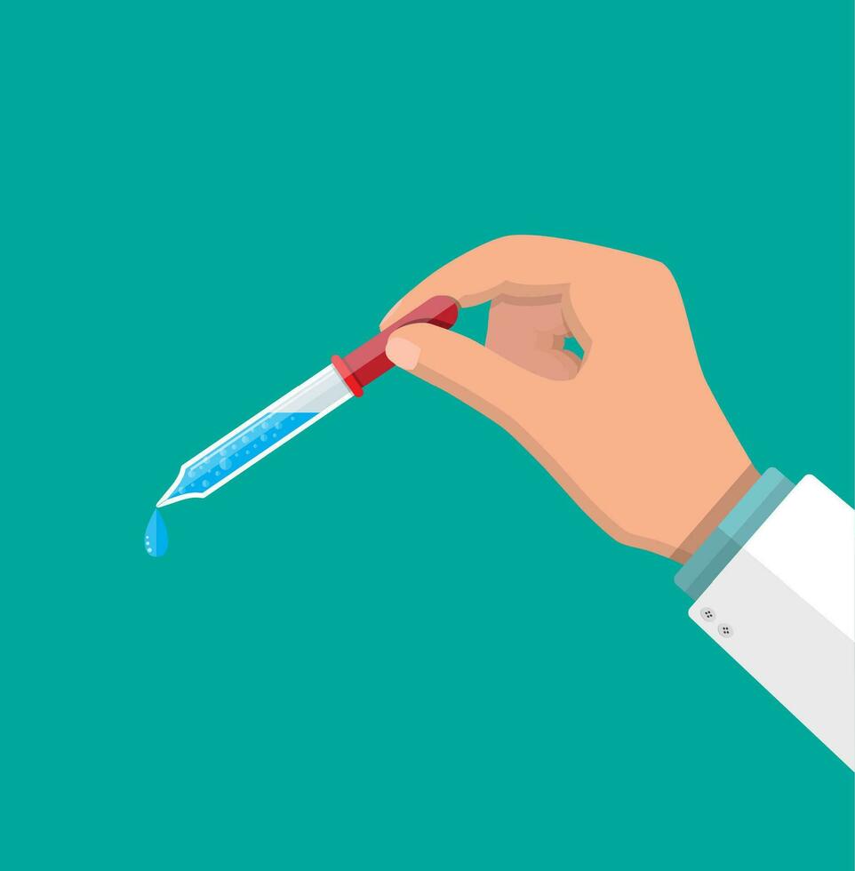 Pipette with drop in doctors hand. Vector illustration in flat style