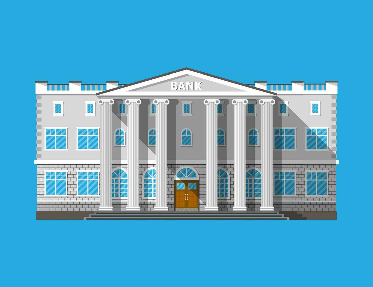 Bank building. Financial house isolated on blue. Construction with columns in ancient design. Vector illustration in flat style