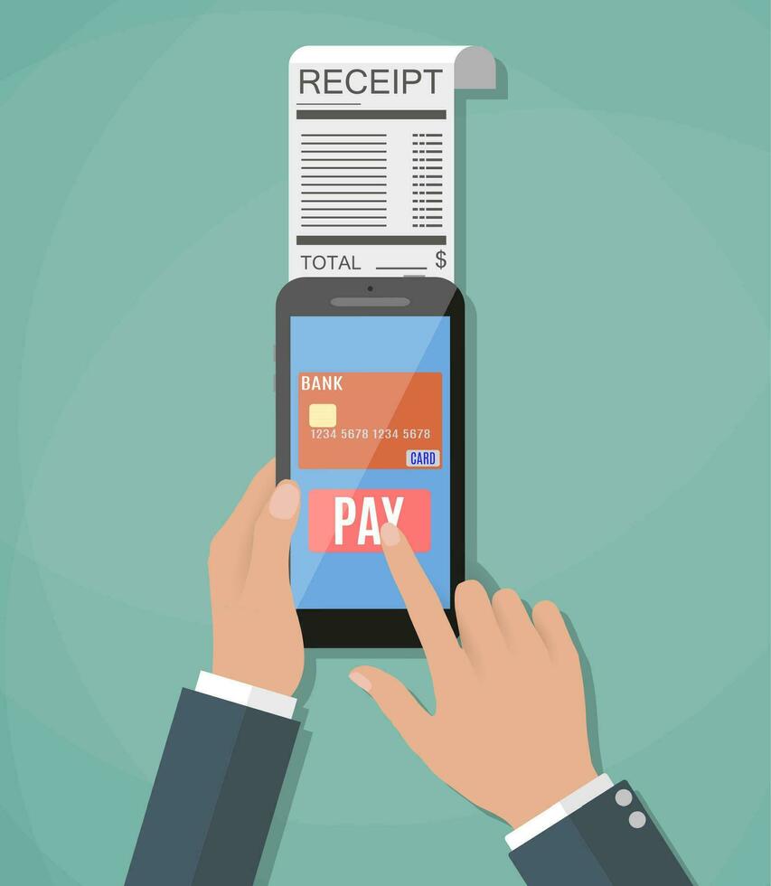 Mobile banking or shopping concept. cartoon hands with smart phone and paycheck receipt. Flat design, vector illustration in flat design on green background