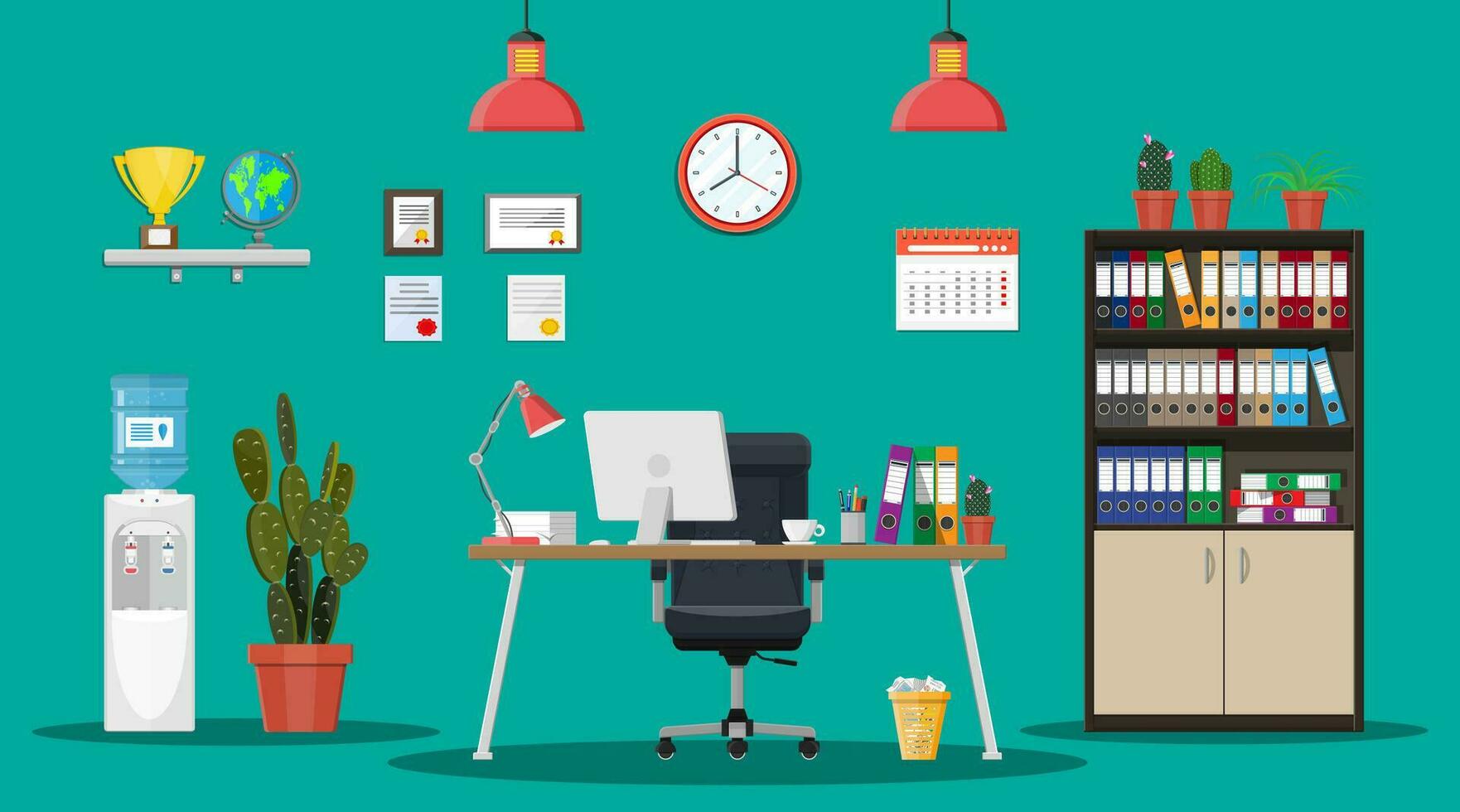 Office building interior. Desk with computer, chair, lamp, books and document papers. Water cooler, tree, clocks, calendar, cup. Modern business workplace Vector illustration in flat style