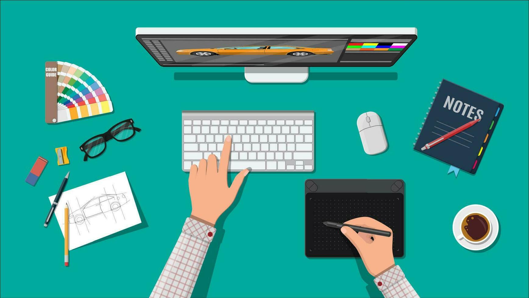 Designer workplace. Illustrator desktop with tools. Desktop pc, keyboard, mouse, glasses, notes, pen, coffee. Sketch on paper blank. Hands drawing on graphic tablet. Vector illustration in flat style