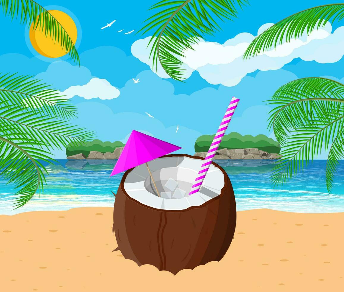 Cocktail in coconut. Landscape of palm tree on beach. Sun with reflection in water and clouds. Day in tropical place. Vacation and holidays. Vector illustration in flat style