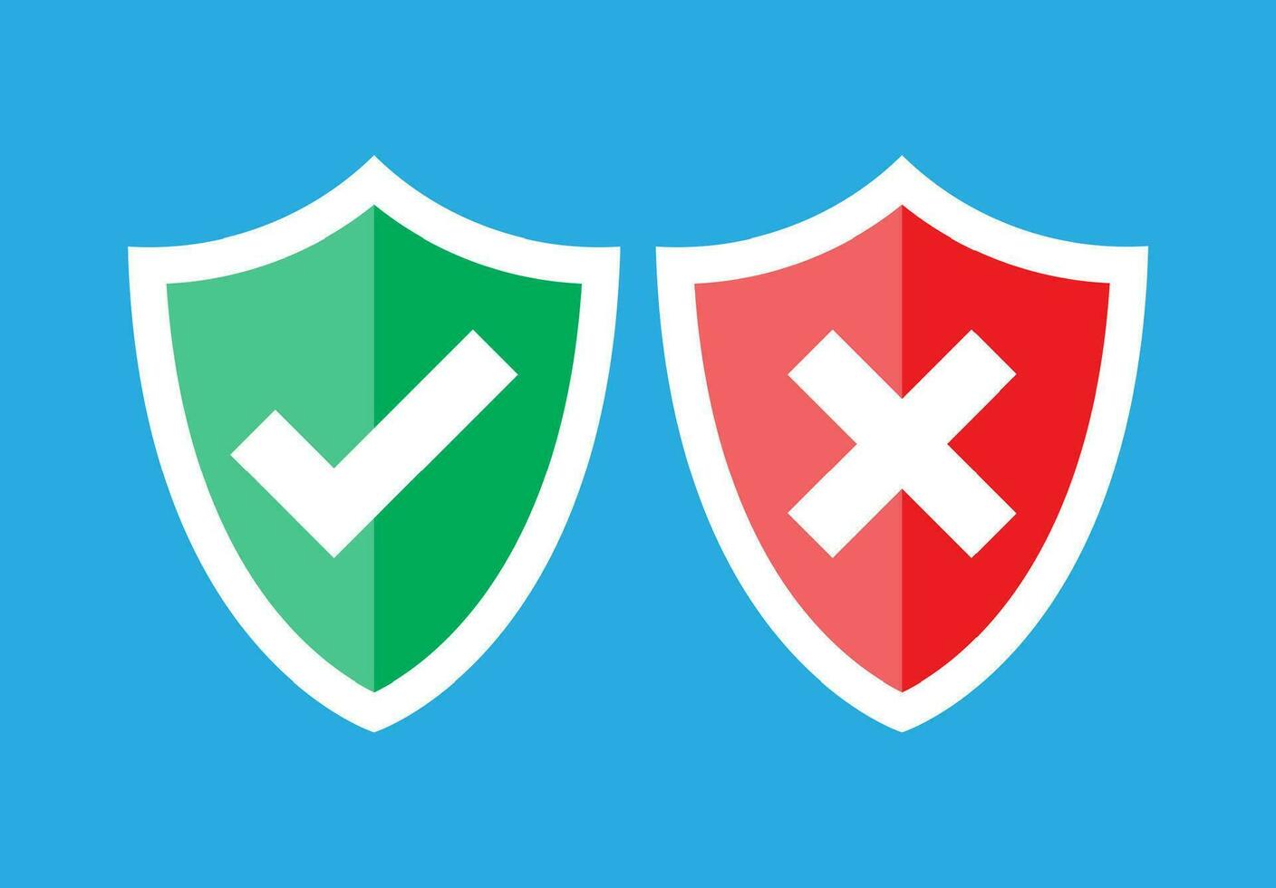 Shields and check marks. Approved and rejected. Red and green shield with checkmark and x mark. Protection, security, secure data. Confidential information, privacy. Vector illustration flat style