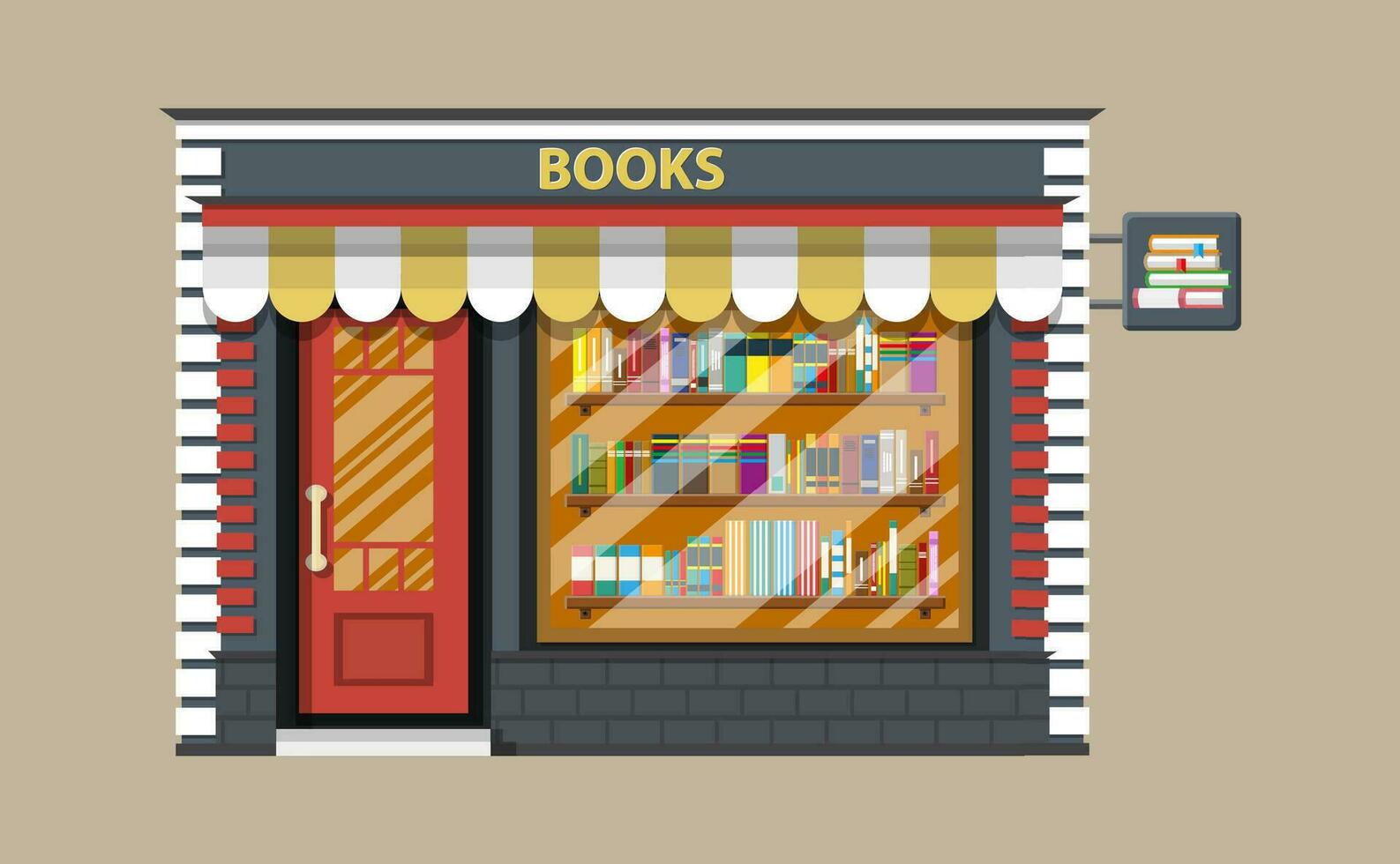 Book shop or store building. Library book shelf. Bookcase with different books. Vector illustration in flat style