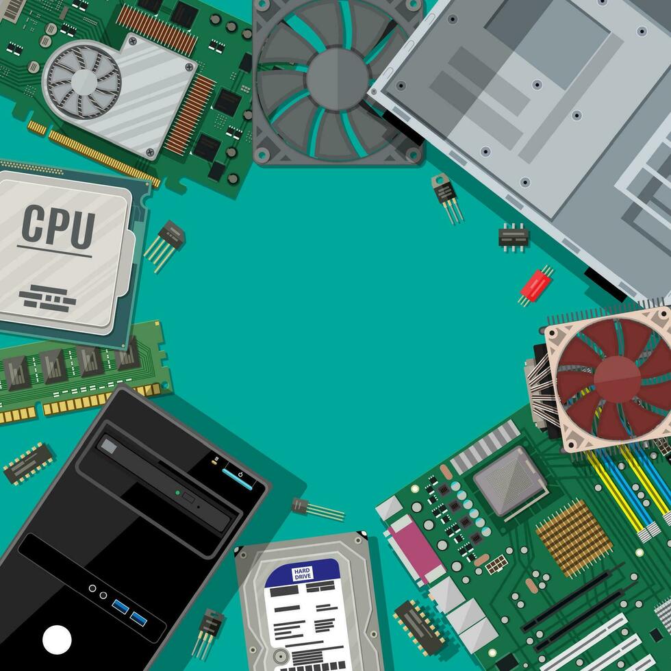 Motherboard, hard drive, cpu, fan, graphic card, memory, screwdriver and case. Set of personal computer hardware. PC components icons. Vector illustration in flat style