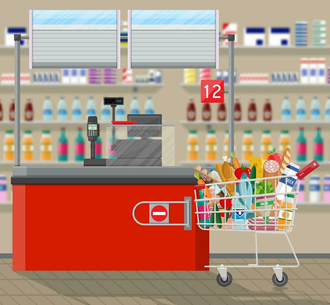 Supermarket interior. Cashier counter workplace. Shopping cart with food and drinks. Shelves with products. Cash register, pos terminal and keypad. Vector illustration in flat style