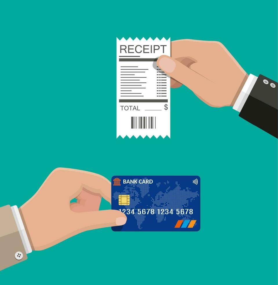 Hand holding receipt and credit card. Paper invoice. Total bill with dollar symbol and plastic bank card. Cashless payment concept. Vector illustration in flat style