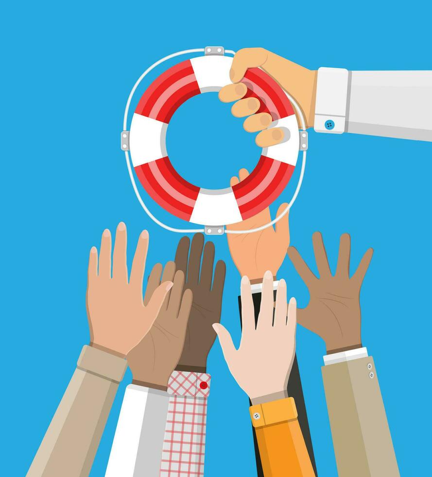Drowning businessmans get lifebuoy from another hand. Helping business to survive. Business help, support, assistance and investment. Vector illustration in flat design