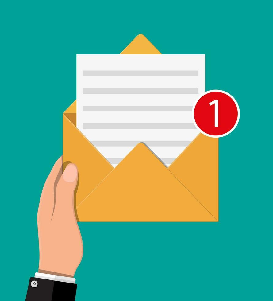 Paper envelope letter with counter notification in hand. Mail sms message icon. Unread email message. Vector illustration in flat style