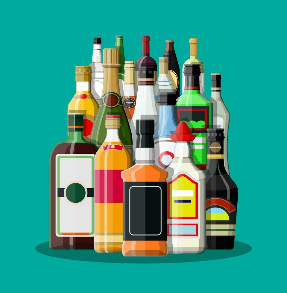 Alcohol drinks collection. Bottles with vodka champagne wine whiskey beer brandy tequila cognac liquor vermouth gin rum absinthe sambuca cider bourbon. Vector illustration in flat style.