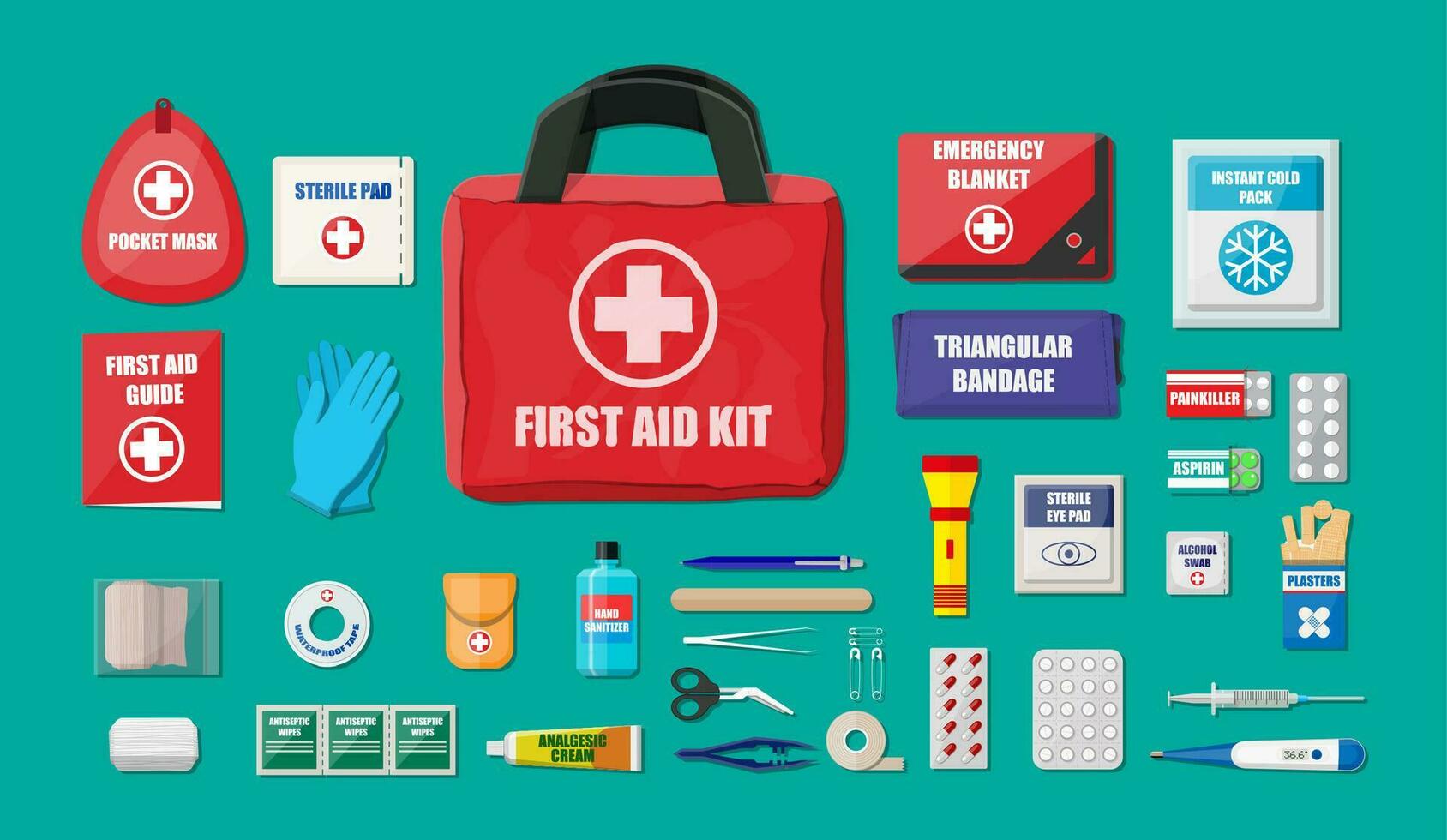 First aid kit with medical equipment and medications. Cloth bag for medicine. Healthcare, hospital and medical diagnostics. Urgency and emergency services. Vector illustration in flat style