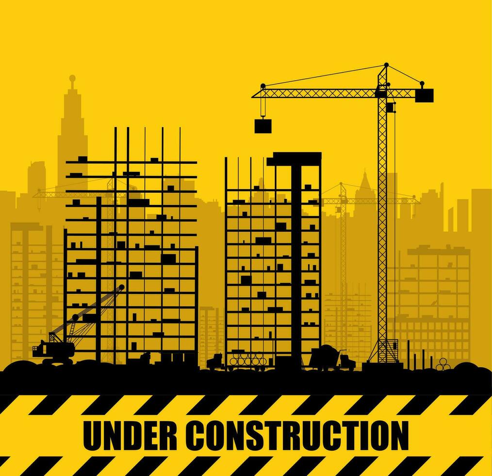Construction site with buildings and cranes. Skyscraper under construction. In black and yellow. Vector illustration silhouette