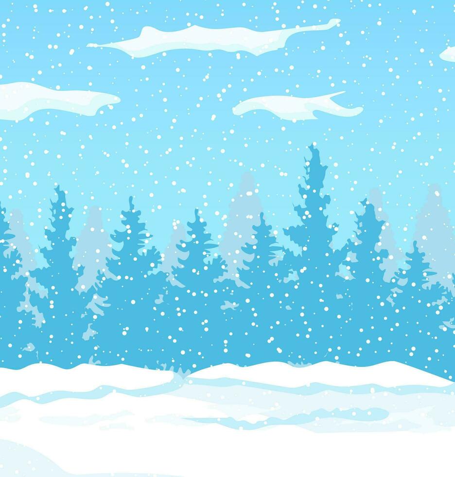 Winter landscape silhouette with white pine trees on snow hill. Christmas landscape with fir trees forest and snowing. Happy new year celebration. New year xmas holiday. Vector illustration flat style