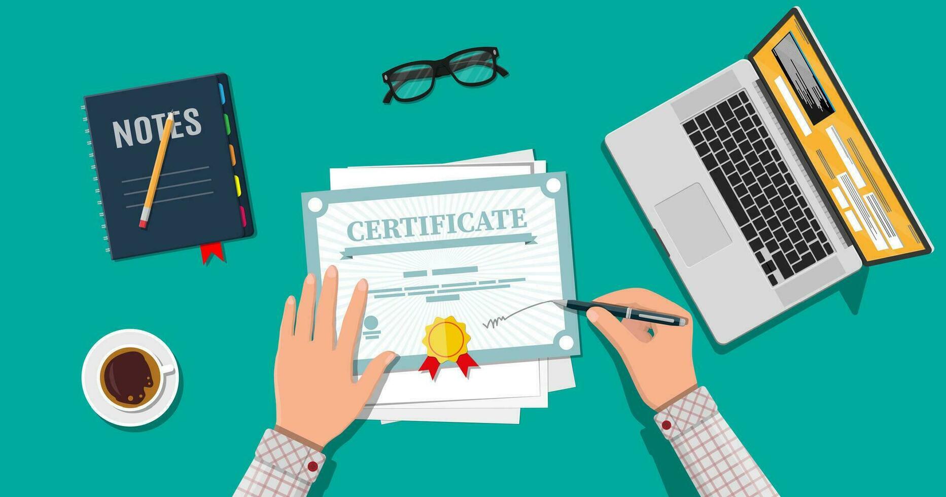 Businessman hand signs certificate. Diploma or accreditation with yellow stamp and red ribbons. Voucher or invitation. Graduation concept. Laptop, coffee, eyeflasses. Vector illustration in flat style