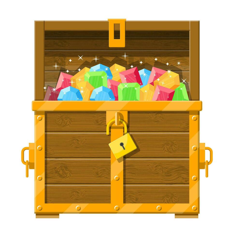 Treasure chest full of various diamonds. Wooden box with gems Game interface elements. Donation, microtransacton. Vector illustration in flat style