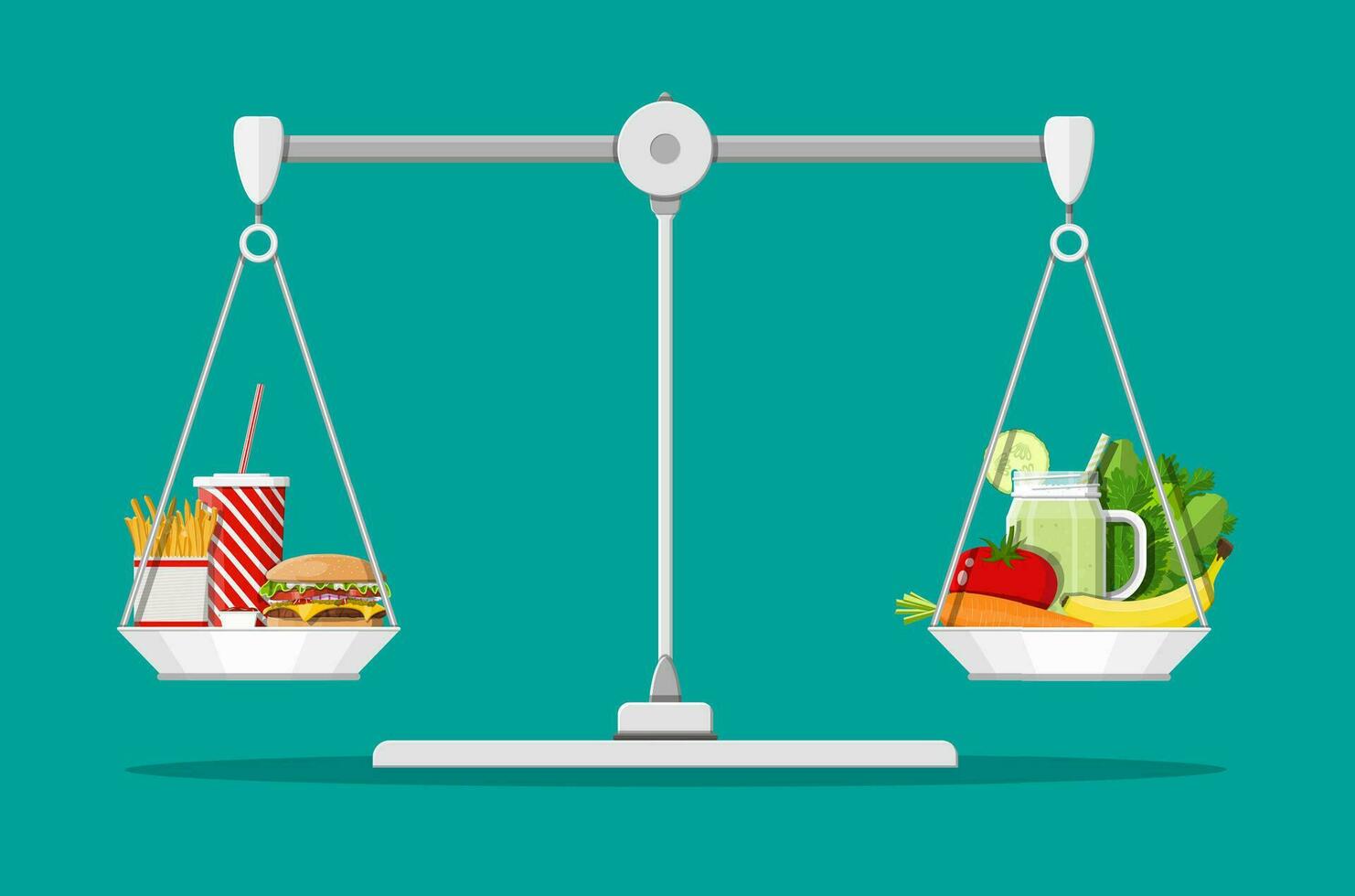 Scales with fast food and organic products. Diet, nutrition, fitness and weight loss or overweight fat. Greasy cholesterol vs. vitamins from fruits vegetables. Food choice. Flat vector illustration