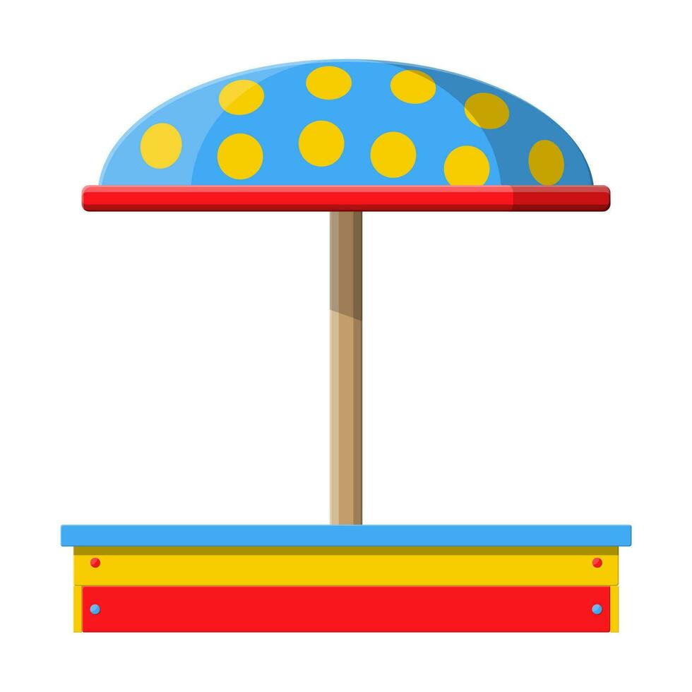 Wooden childrens sandbox for games. Sandbox icon with seats and roof mushroom. Kids playground. Vector illustration in flat style