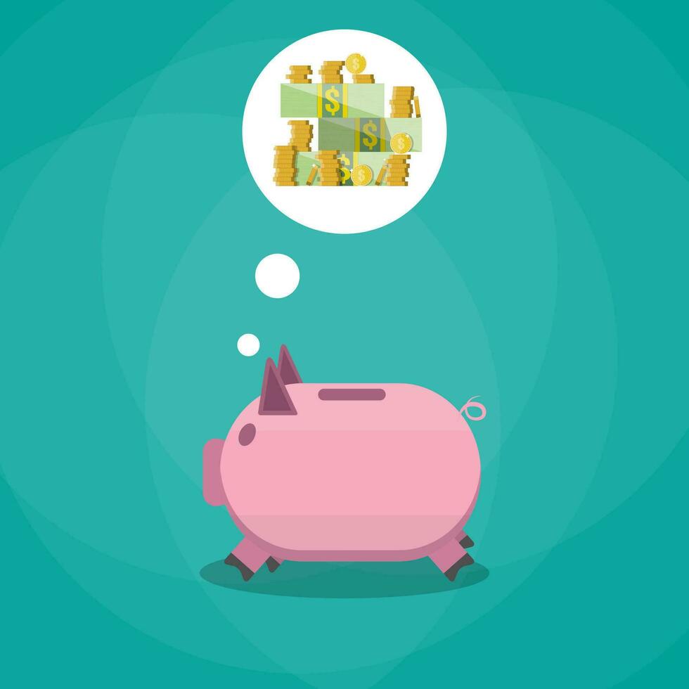 pink piggy bank dreaming about money. vector illustration in flat style on green background