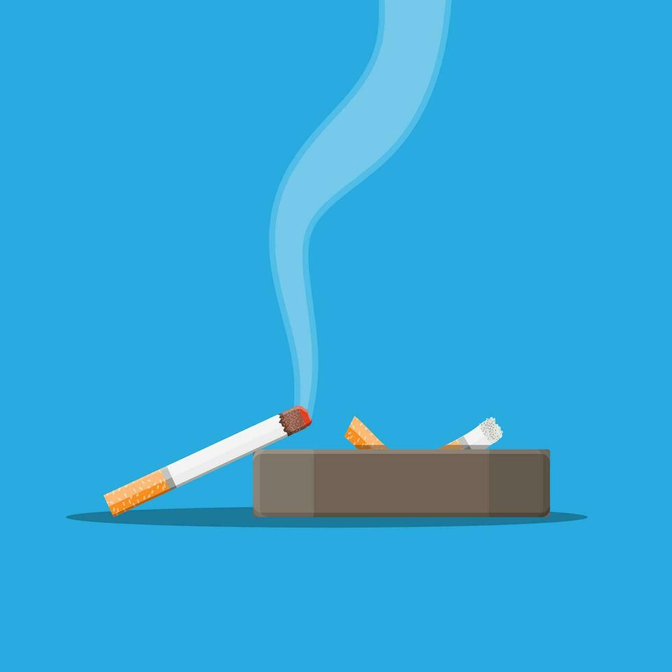 White ceramic ashtray full of smokes cigarettes. Crockery for smoking. Side view. Vector illustration in flat style