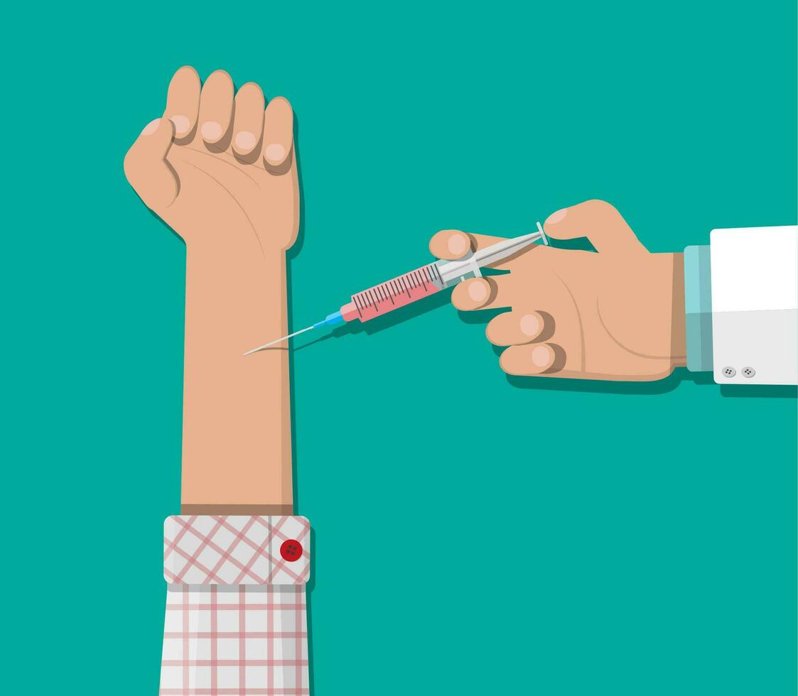 Doctor hand with syringe making vaccination of patient. Healthcare, hospital and medical diagnostics. Vector illustration in flat style