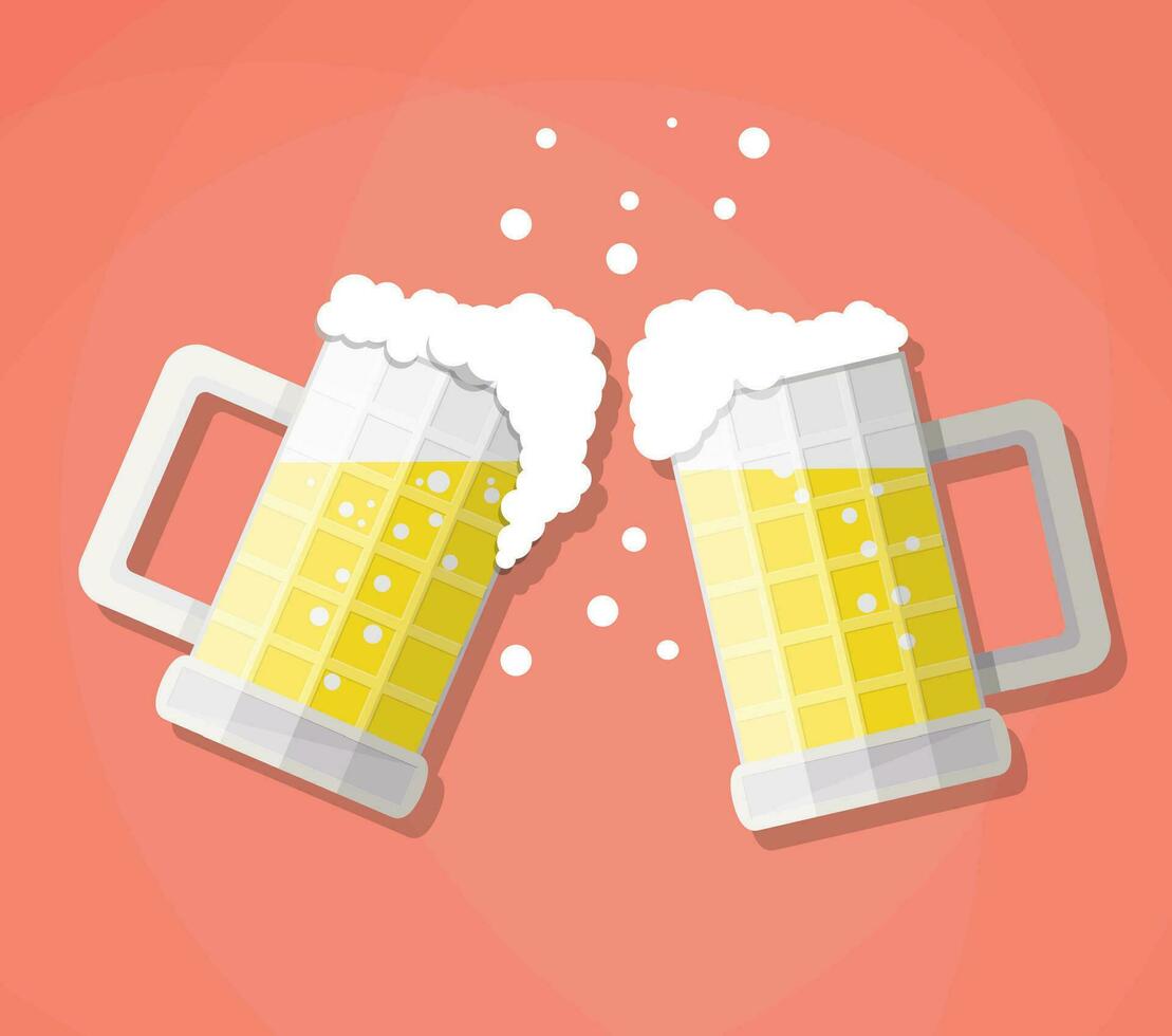 clink glass beer mugs. Concept of celebration with beer colliding and spilling out with foam. Vector illustration in flat design on red background