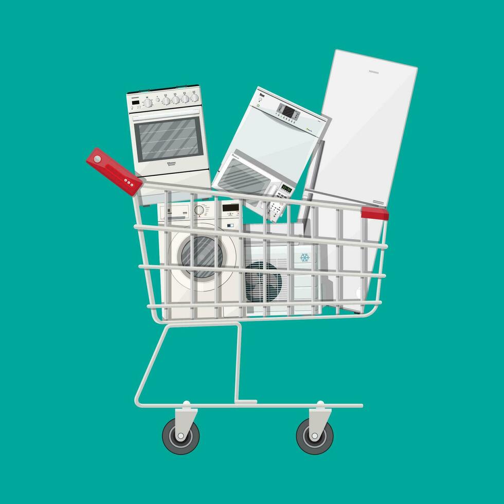 Household devices in shopping cart. Electronics stores sale. Microwave, washing machine, oven, fridge, dishwasher, air conditioner. Vector illustration in flat style