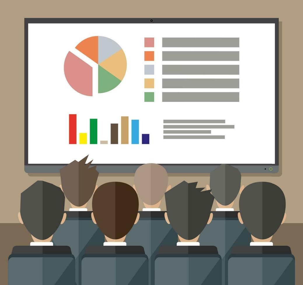 large tv screen with chart pie do presentation to other business people. Training staff, meeting, report, business school. vector illustration in flat style