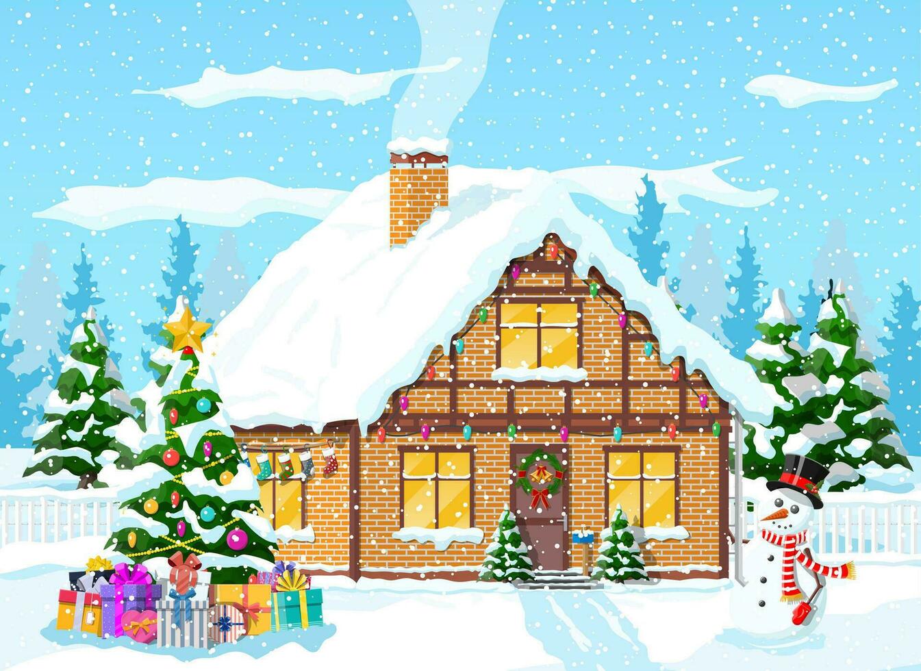 Suburban house covered snow. Building in holiday ornament. Christmas landscape tree spruce, snowman. Happy new year decoration. Merry christmas holiday. New year xmas celebration. Vector illustration