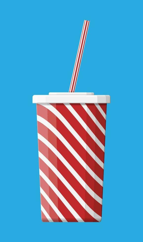 Red striped paper glass with drinking straw. Disposable cup for beverages. Fast food. Vector illustration in flat style