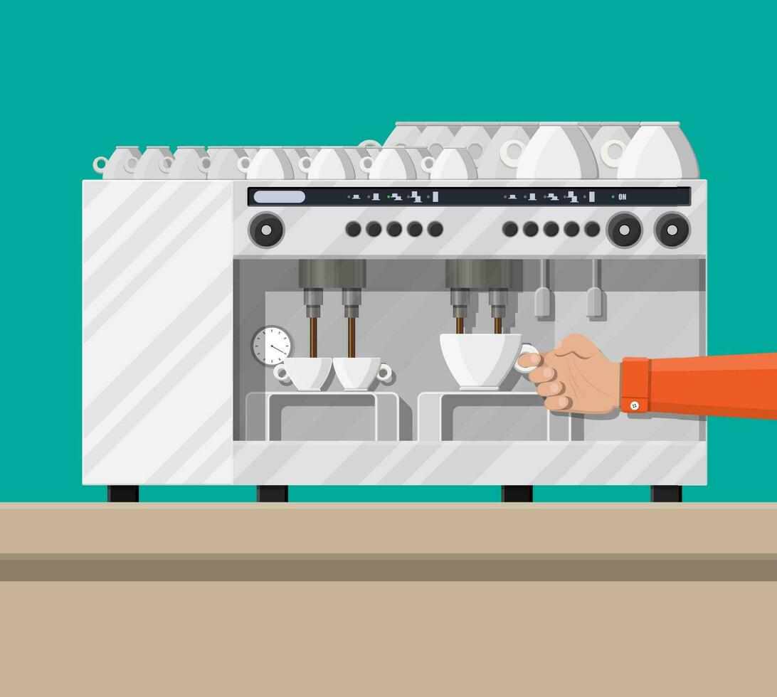 Big professional coffee machine for restaurants bars pubs. Coffee maker with cups. Vector illustration in flat style