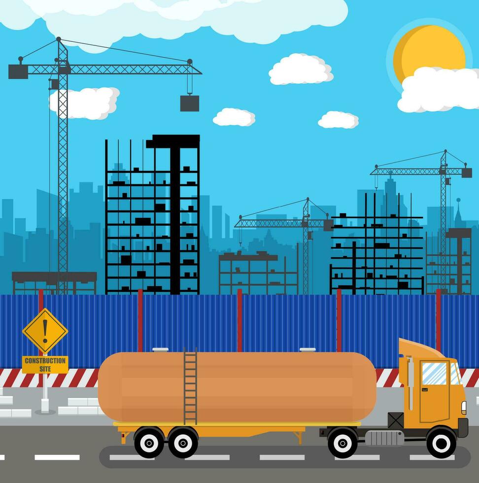 construcción sitio con edificios y grúas rascacielos debajo construcción. cerca y pesado petróleo combustible químico tanque camión. vector ilustración silueta y azul cielo