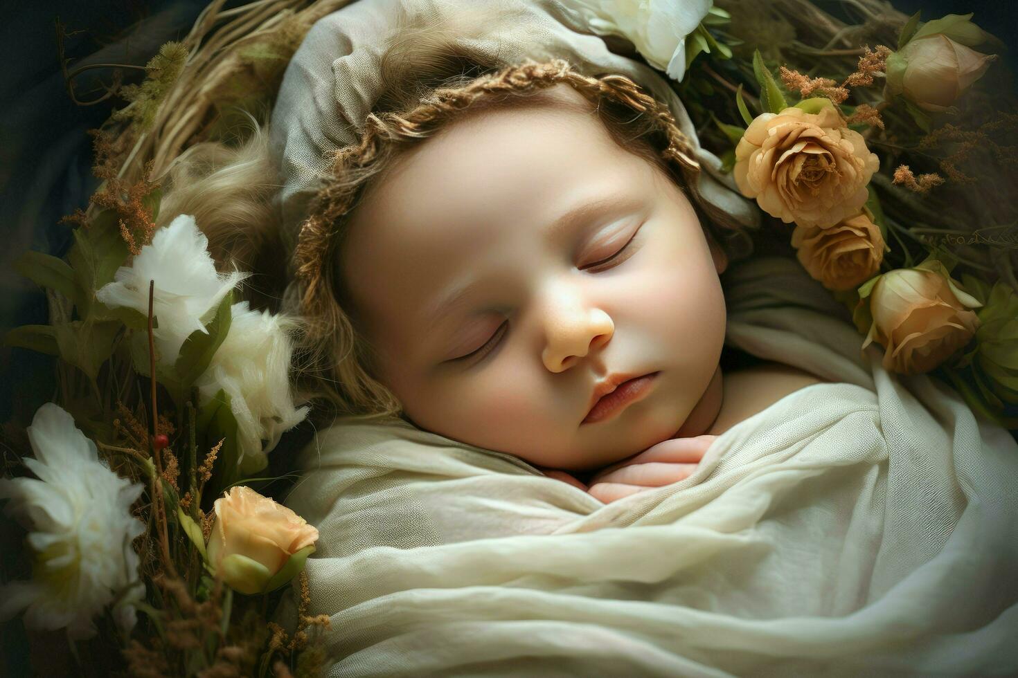 ai generado nacido bebé dormido en flor cesta ai generado foto