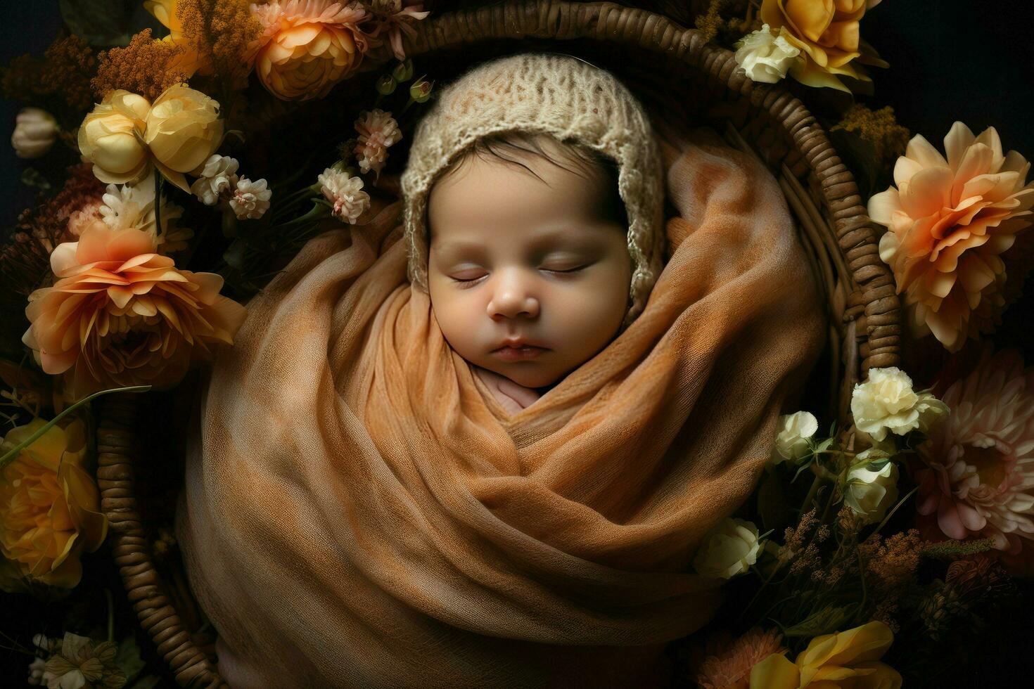 AI generated Born baby sleeping in flower basket Ai generated photo