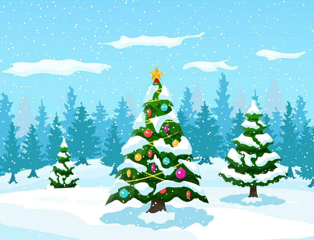 Christmas background. Christmas tree with garlands and balls. Winter landscape with fir trees forest and snowing. Happy new year celebration. New year xmas holiday. Vector illustration flat style