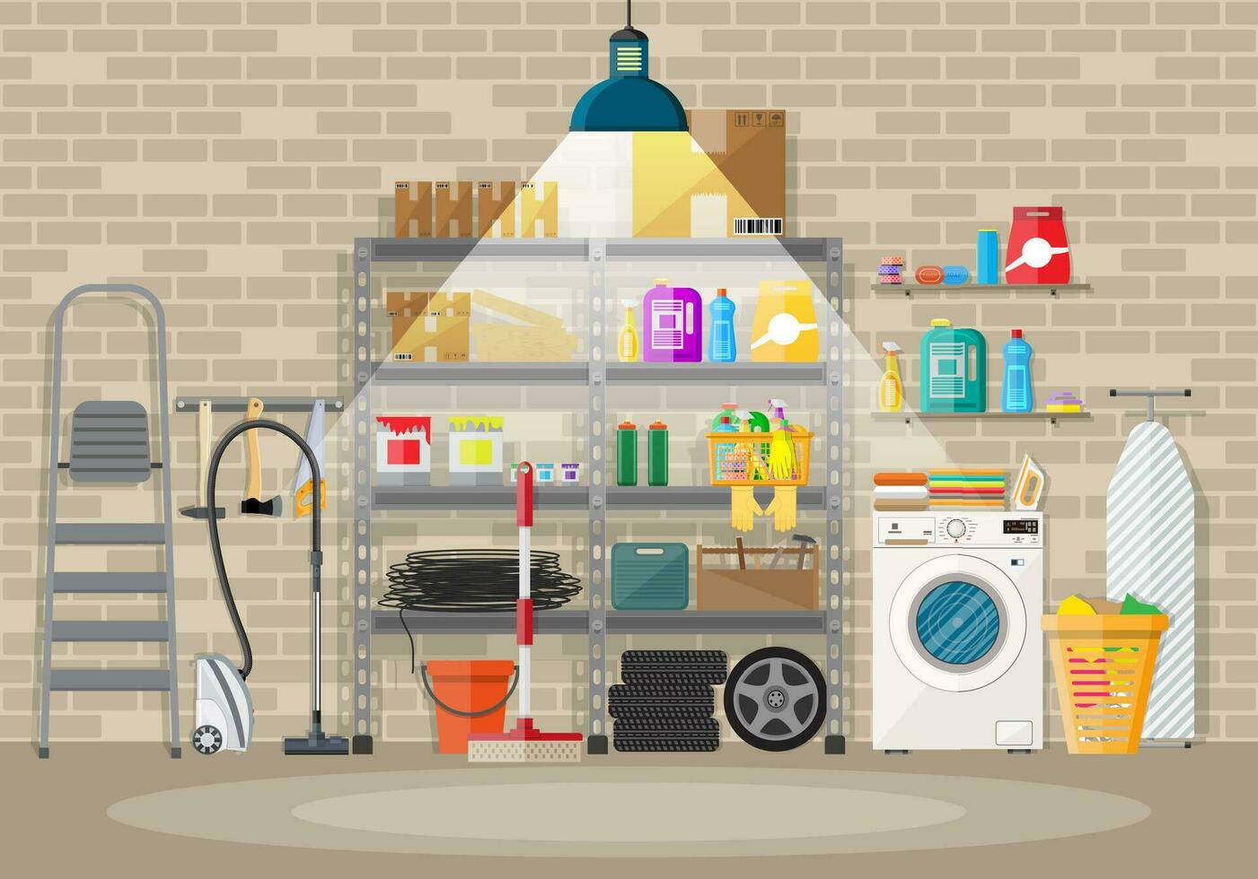 Interior of modern storeroom with metal shelves, storage, boxes, stair, wheels, cleaning accessories, washing machine, iron board, vacuum. Light lamp. Brick wall. Vector illustration in flat style