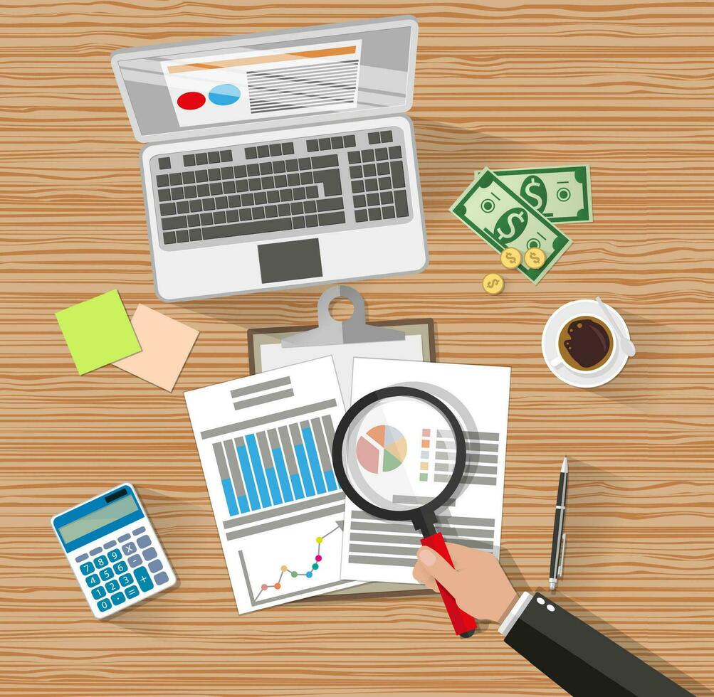 Auditor with magnifying glass at table during analysis of financial report. Financial audit concept. Auditing tax process. laptop, calculator, coffee, cash money. vector illustration in flat style
