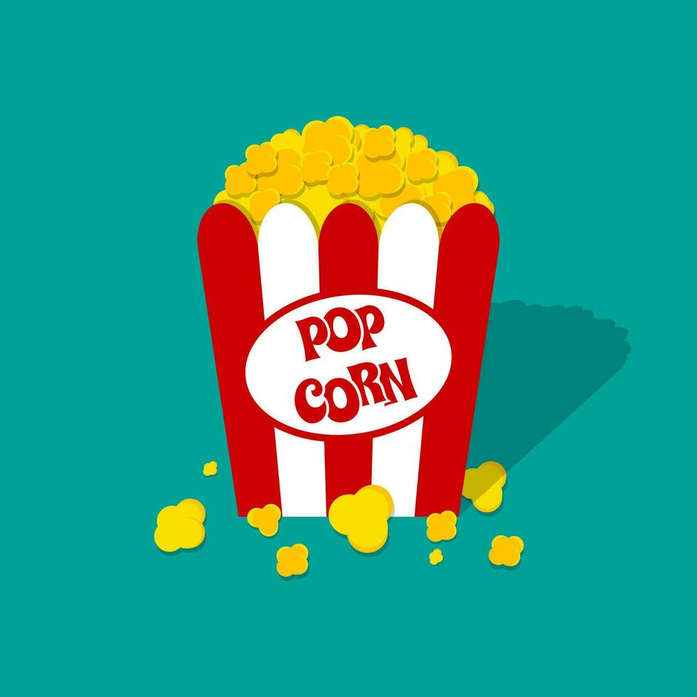 Opened Red white paper box with popcorn. Popcorn logo. vector illustration in flat design on green background