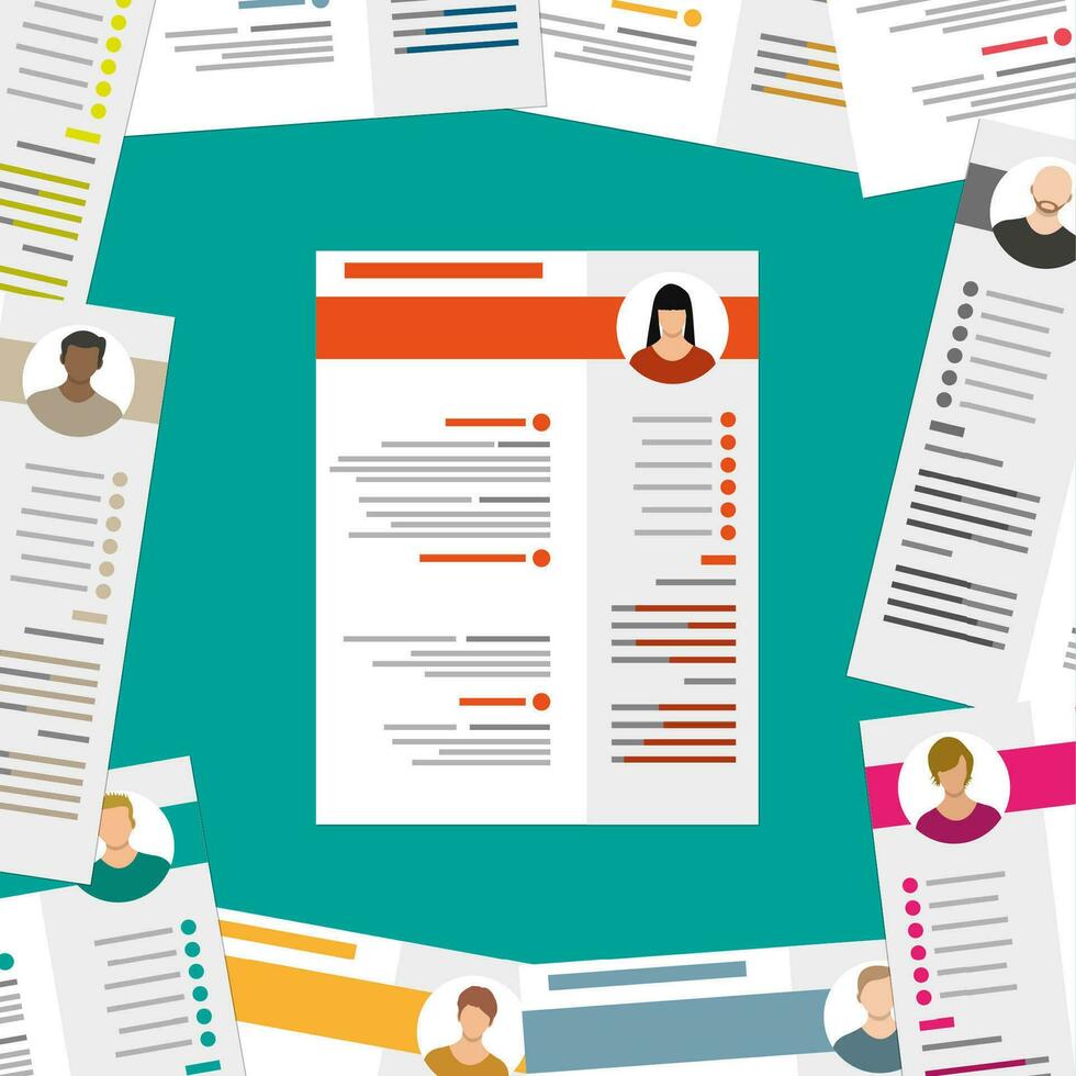 Human resources management concept, searching professional staff, work. Found right resume. Vector illustration in flat style
