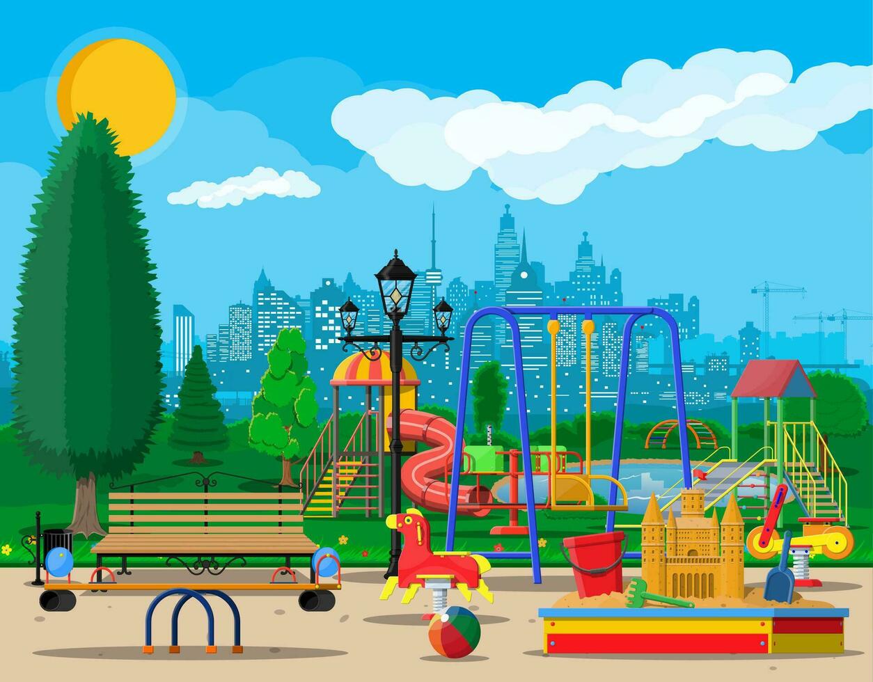 Kids playground kindergarten panorama. Urban child amusement. Slide ladder, rocking toy on spring, slide tube, swing carousel balancer, sandbox. City park. Cityscape. Vector illustration flat style